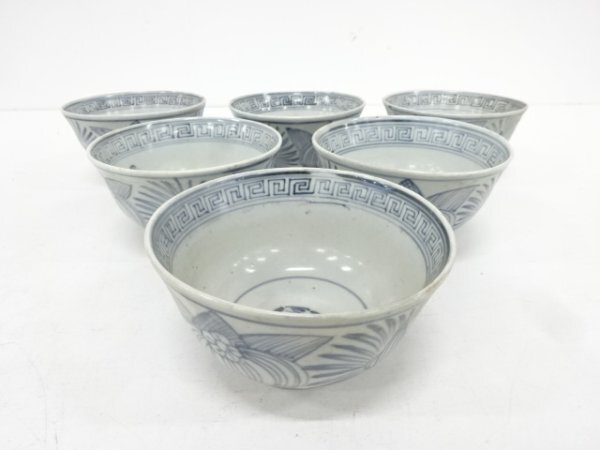 ys7191332; 古物 瀬戸焼 染付 線描き花茶碗6客揃【道】 （価格で