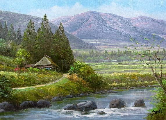 関健造作　「山村清流」　F10号　油絵 楽天市場】絵画 油絵 額入り油彩 F4サイズ 手描き 関健造 油彩