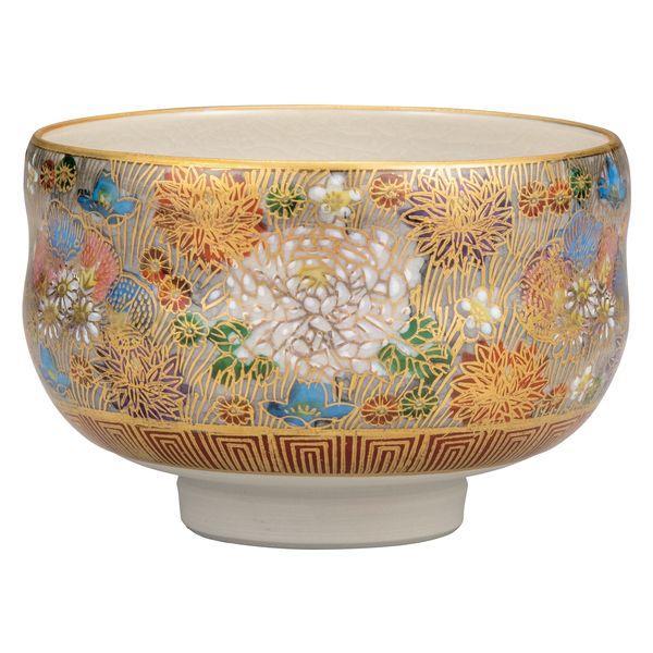 R５Kページ☆彡茶道具　九谷焼水指黒釉,　抹茶碗金花詰　2点 kin-hanazume-kutani-ware-