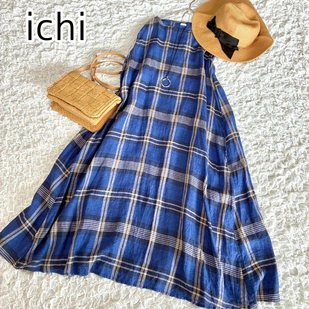 ichi イチ リネン チェック ワンピース Aライン ブルー ゆったり ichi イチ リネン チェック ワンピース Aライン ブルー ゆったり