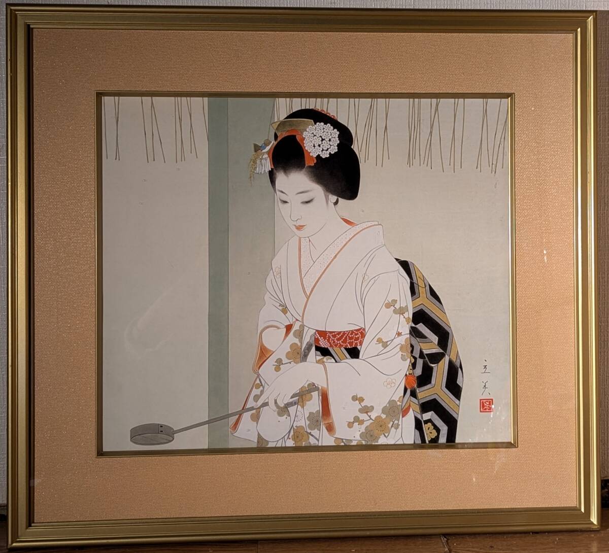 【真作】版画　志村立美　木版画　初詣　茶道の美　優雅に佇む着物姿　U160 真作】版画 志村立美 木版画 初詣 茶道の美 優雅に佇む着物姿