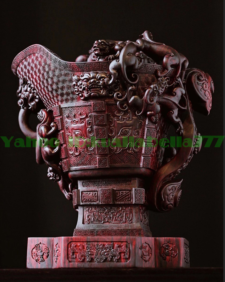 縁起置物】紫檀 木彫 置物『至尊無上之龍杯』100% ハンドメイド