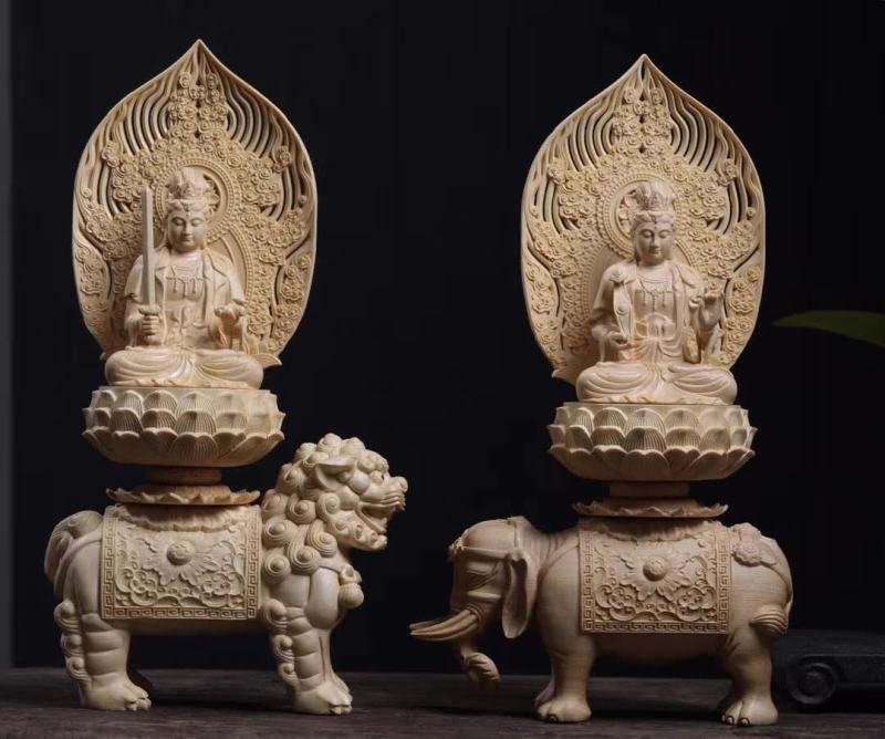 木彫りの仏像 普賢菩薩 文殊菩薩 仏教 東洋彫刻 仏像（釈迦三尊