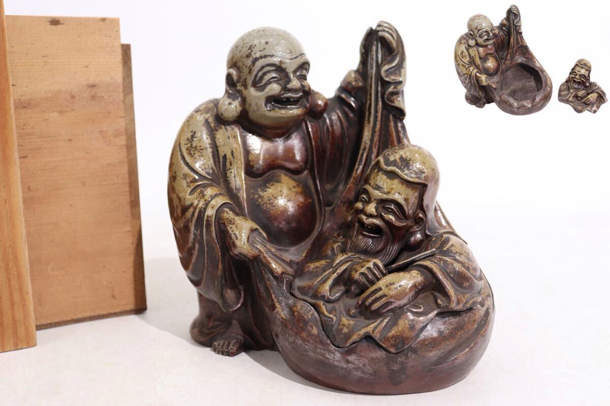 時代 古備前 人物像 香炉 木箱付 / 備前焼 細工物 窯変 煎茶道具
