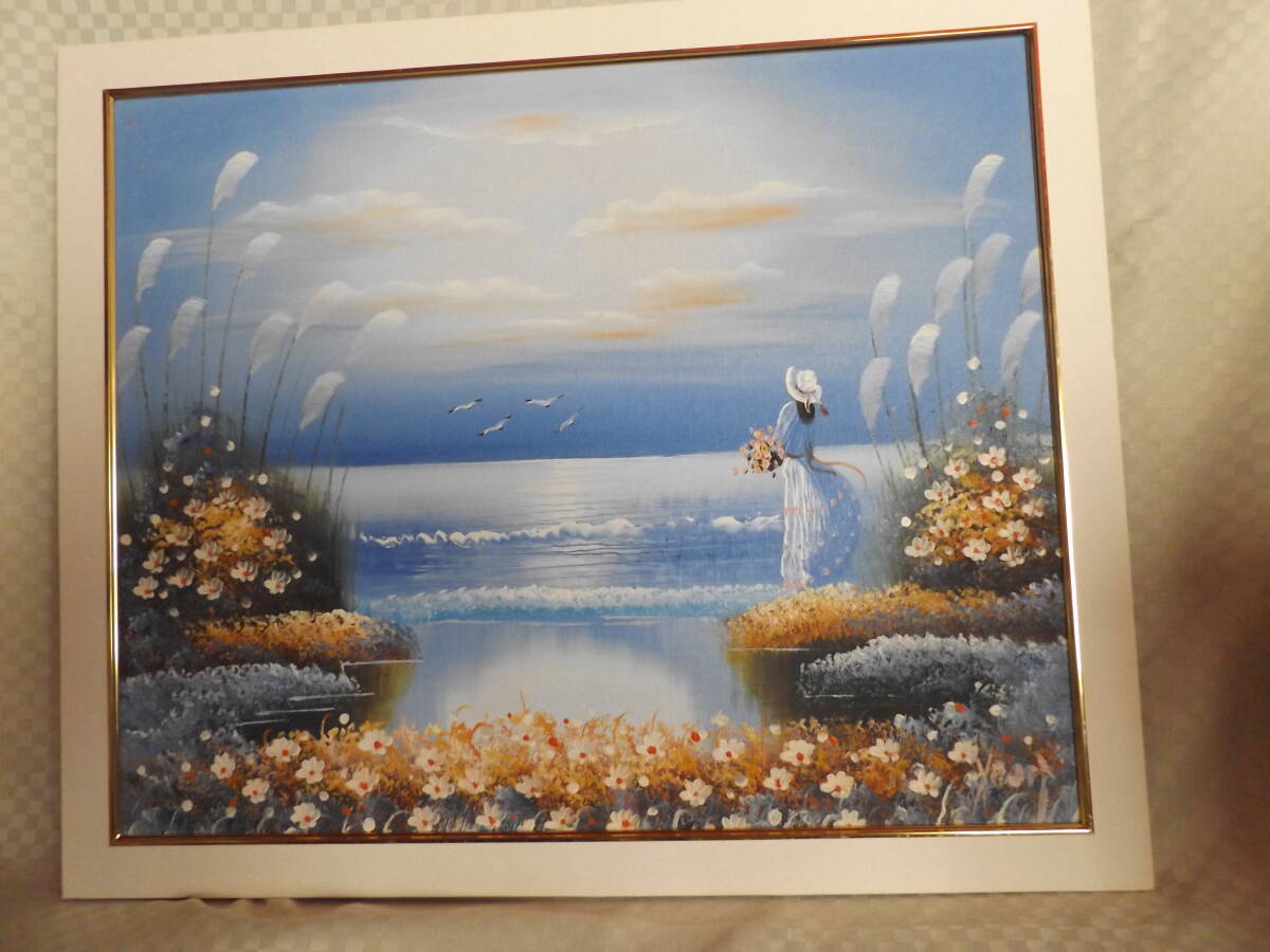 【真作】アンナ・オルシェウスカ 油彩 1988年 ポーランド 風景画 自然 湖岸に佇む華麗なる女性・真正（絵画・洋画・油彩画・風景画