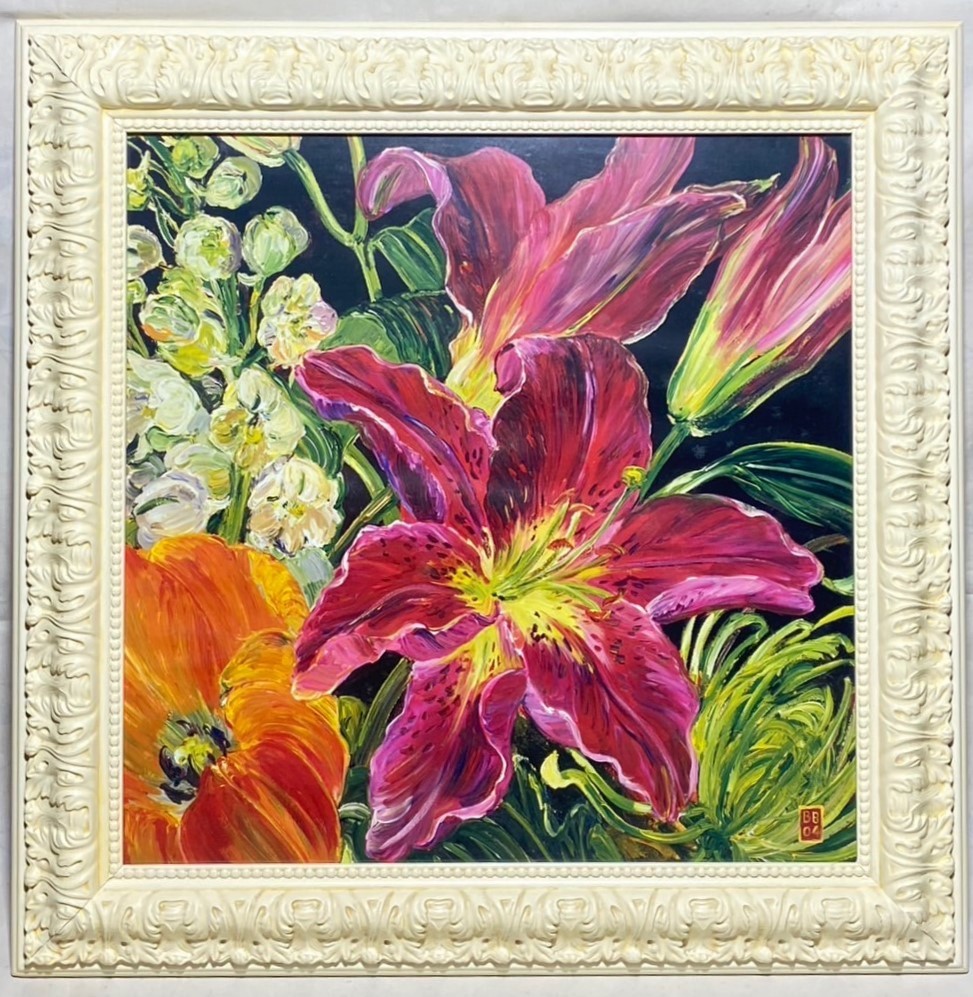 【真作】絵画　作者不詳　サイン有　油彩4号　花　ピンクの優美な花　T197 真作】絵画 作者不詳 サイン有 油彩4号 花 ピンクの優美な花