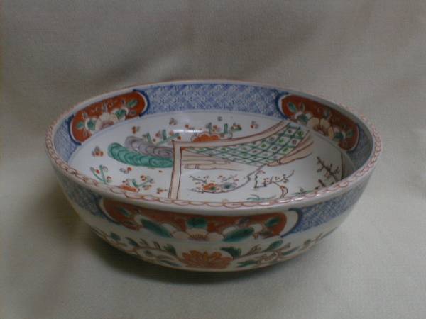 古伊万里 鶴 梅花 鮮やか色絵 8x24.7cm 骨董 明治初期 中鉢