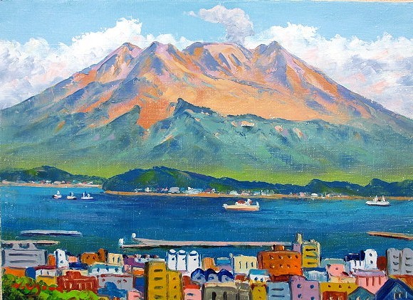 油彩画 洋画 (油絵額縁付きで納品対応可) M10号 「桜島」 羽沢