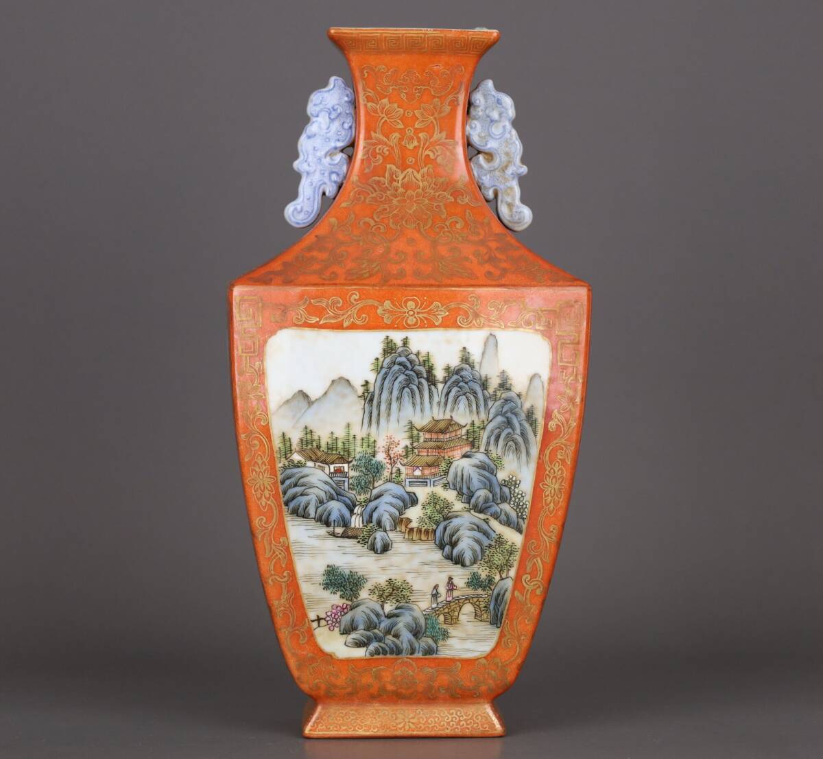 中国古美術・爐鈞釉水盂•文房具【大清乾隆年製】在銘•文房具•清時代/F--4 ▽鴻▽清朝時代 陶磁器 乾隆年製 珊瑚紅描金開窗粉彩山水図詩文