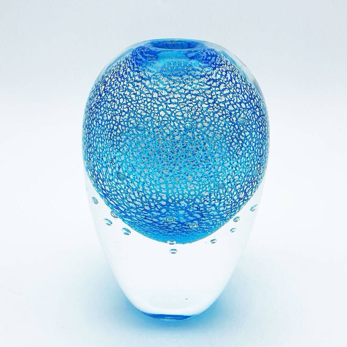 黒木国昭 宙吹きガラス 銀彩気泡 花瓶 一輪挿し ブルー 超希少品 サイン有り 現代の名工 黒木国昭 銀彩泡入花器