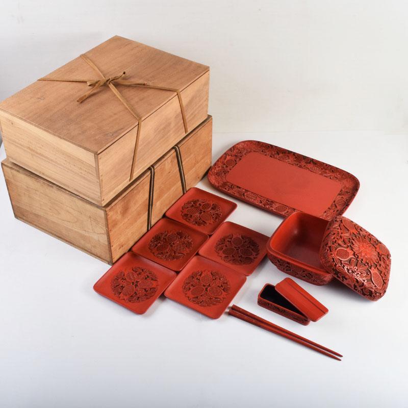 茶道具 龍斎作 堆朱 花草文 御菓子器揃 時代二重箱 C 8871A