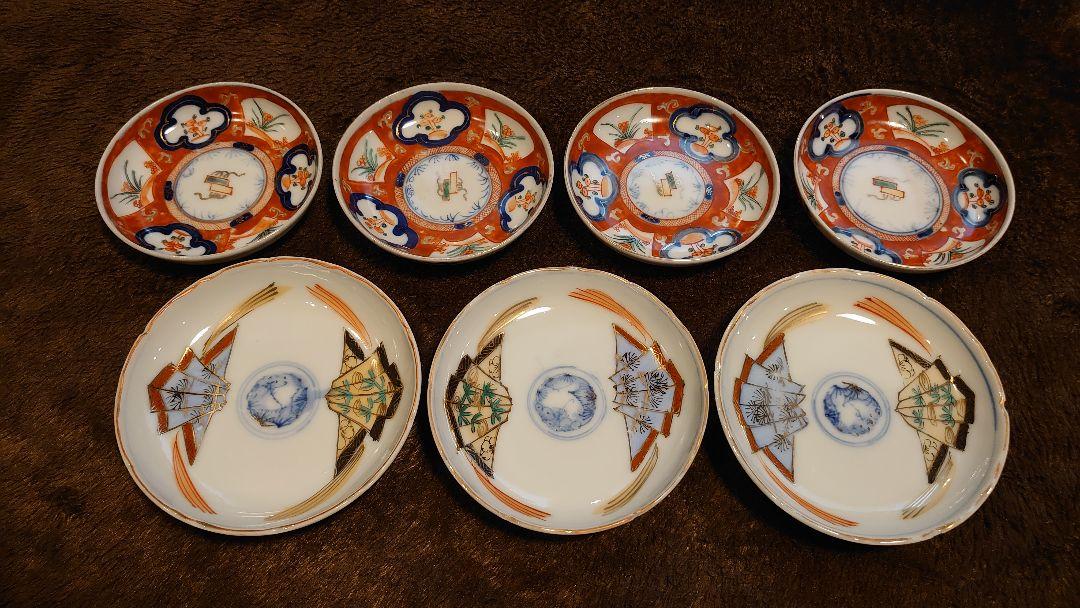 古伊万里　伊万里　色絵　金襴手　豆皿　菓子皿　蔵出し　茶道具　７客 古伊万里 伊万里 色絵 金襴手 豆皿 華の図 三つ割 2種 7客