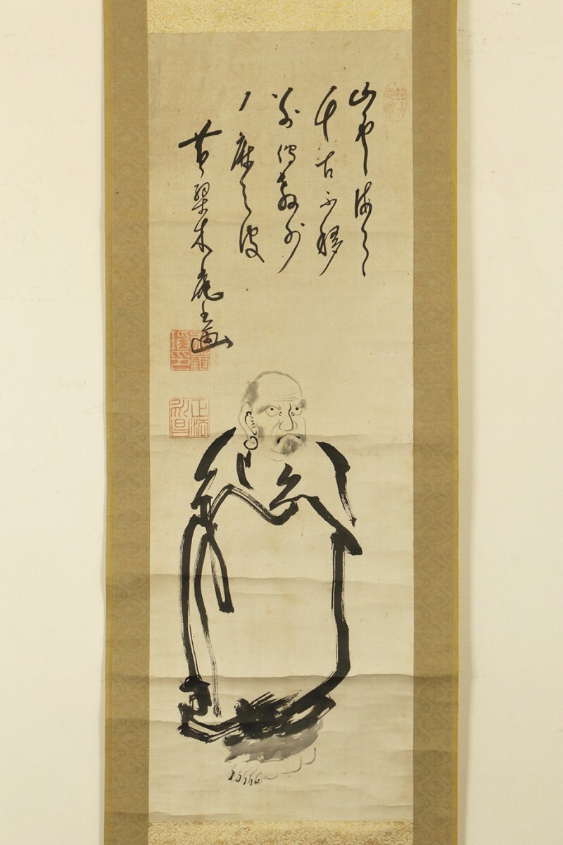 【真作】黄檗宗の僧/大石黄梅/達磨画賛/ダルマ図/掛軸/名家伝来/AD-128 真作/佐竹永陵（画）市川得庵（賛）/達磨画賛/人物図/掛軸☆宝船