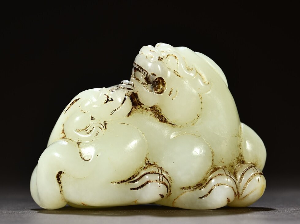 ▽鴻▽ 清朝時代 和田玉彫 子母獣彫り件 時代物 中国古美術 骨董