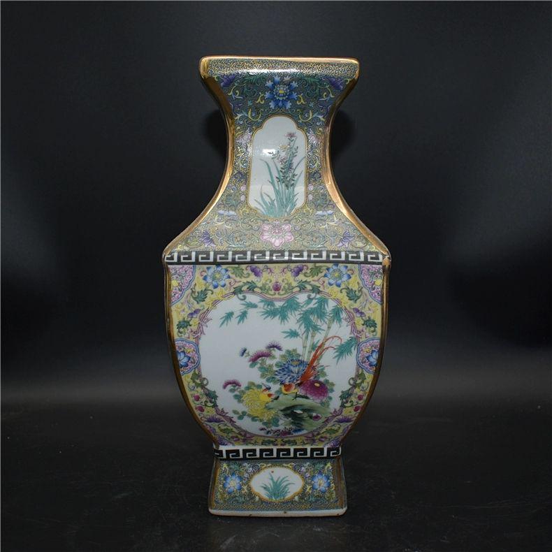 清雍正琺瑯彩花鳥胆瓶 花瓶 景徳鎮 陶磁器 装飾品 現代工芸品 美術品 置物 金花鳥六方瓶 景徳鎮 花瓶 琺瑯彩パステル磁器 現代工芸品 美術