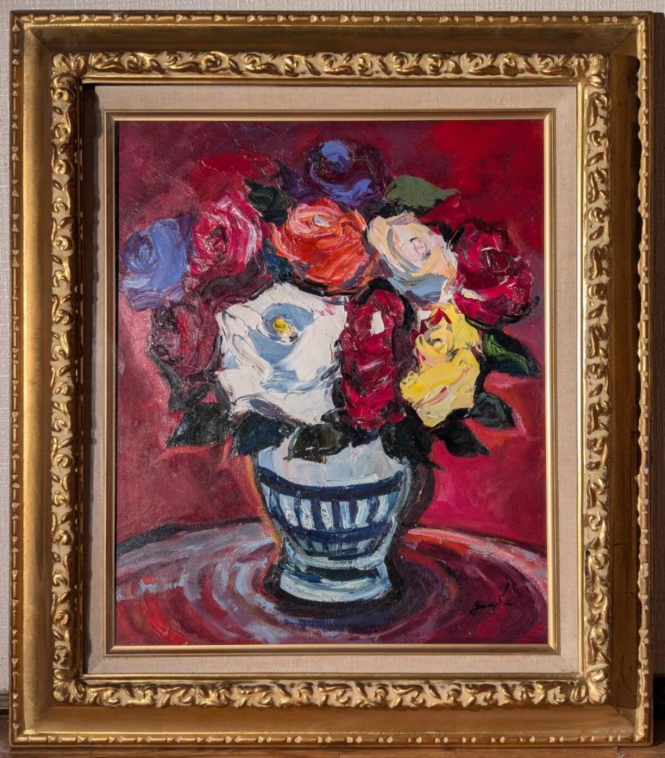【真作】絵画　湯浅洋子　油彩8号　薔薇　美しい色彩表現　インテリア　V159 真作】絵画 湯浅洋子 油彩8号 薔薇 美しい色彩表現 インテリア