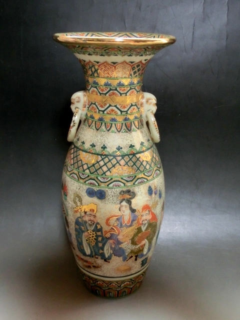 KB-4 七福神 光山 花瓶 2点セット　古美術　アンティーク 花瓶□古薩摩金彩七福神図耳付瓶(江戸後期)花器 壺 古美術