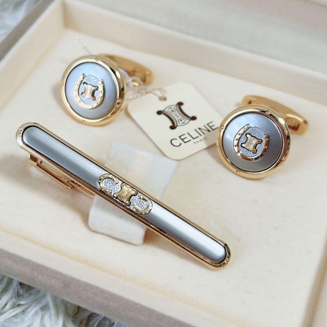 セリーヌ★レア・美品★カフス・ネクタイピンセット★マカダム・蹄鉄デザイン セリーヌ☆レア・美品☆カフス・ネクタイピンセット☆マカダム