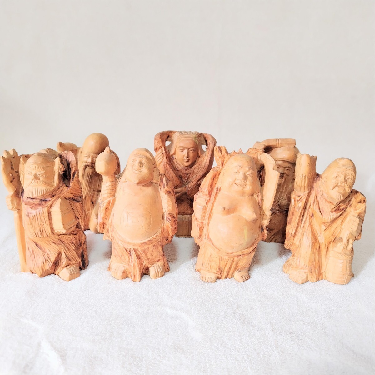 七福神 木彫 手彫 木製 縁起物 置物 オブジェ 7体セット 約13cm