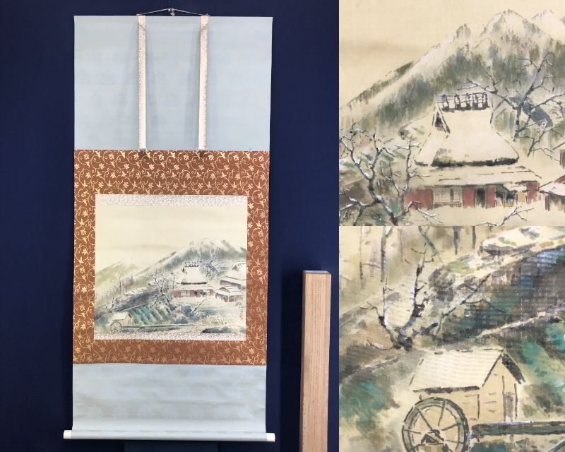 真作/浜弧嘯/晩秋山村図/秋山水図/雪景山村図/掛軸☆宝船☆AG-115 真作/浜弧嘯/晩秋山村図/秋山水図/雪景山村図/横物/掛軸☆宝船
