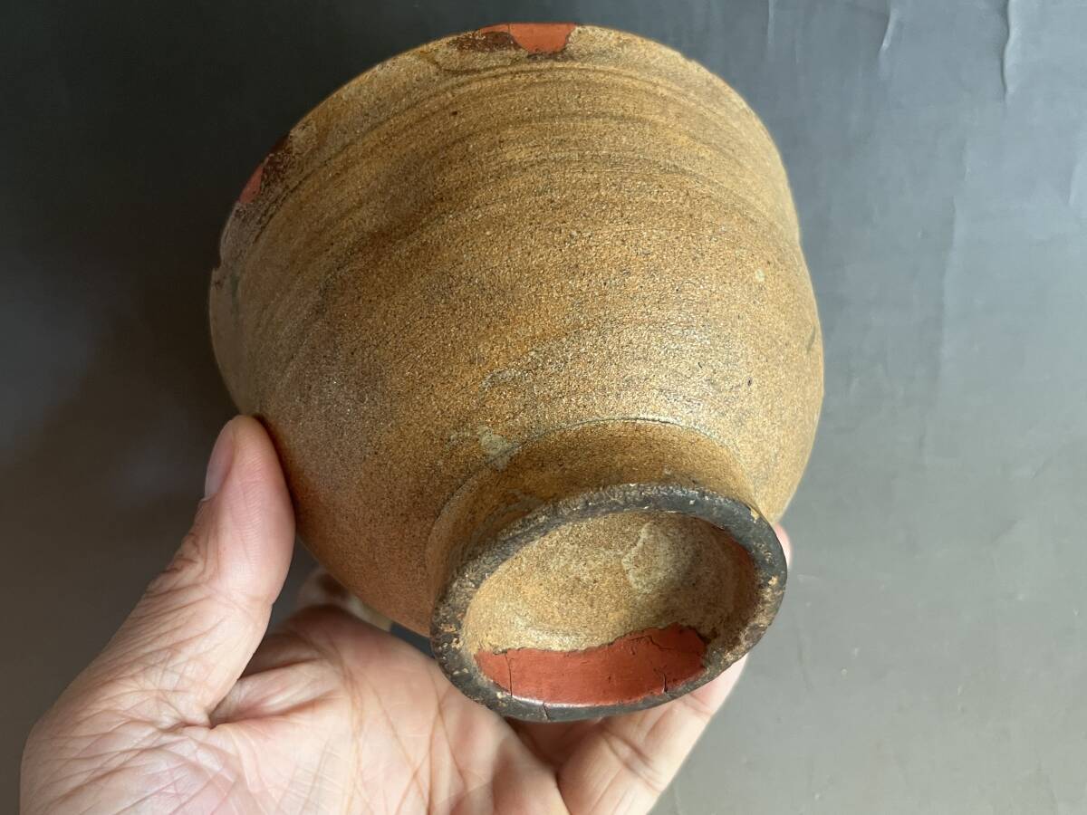 茶碗■時代物 古い土物碗 漆直し有り 堅碗 素焼き 笑窪 仕覆 古玩 骨董品■ 茶碗□時代物 古い土物碗 漆直し有り 堅碗 素焼き 笑窪 仕覆