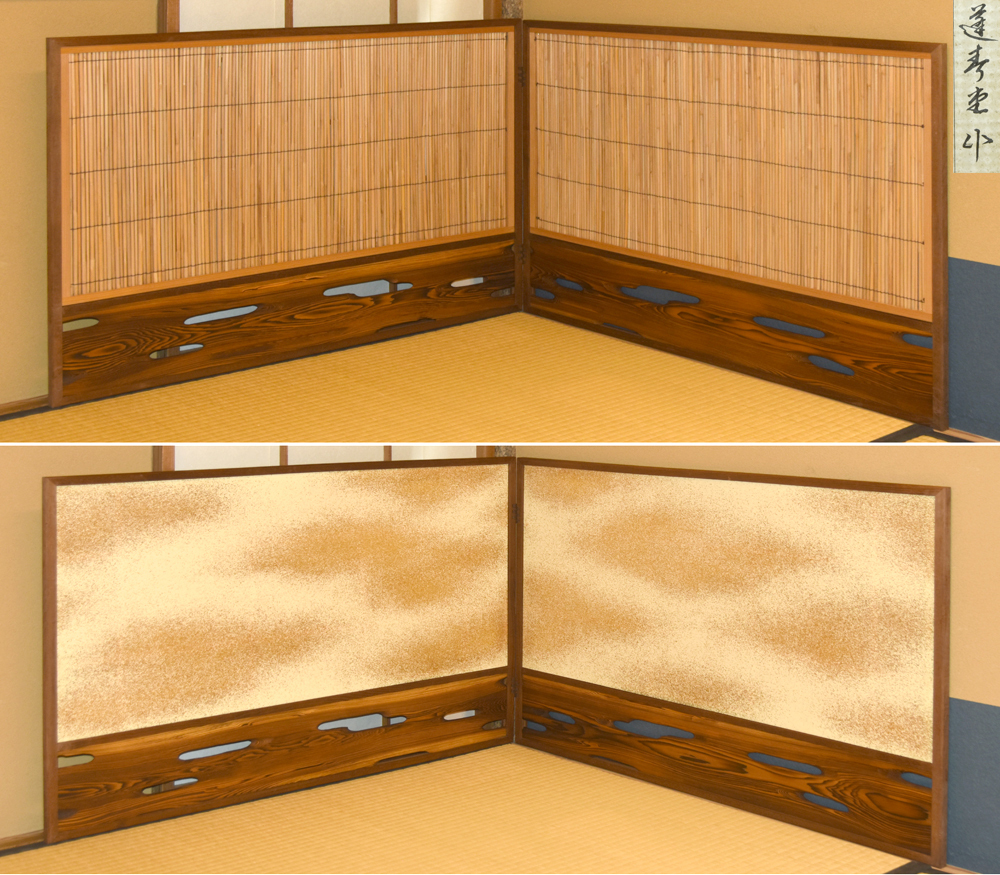 蓬春堂 焼杉 簾入と金砂子 風炉先屏風 片面86㎝×60㎝ 江戸間 木