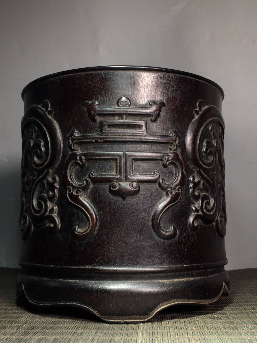 木彫り 二龍戯珠筆箱 書道具 文房具 現代工芸品 美術品 置物 旧蔵 中国 清代 古檀木彫 龍鳳壽紋筆筒 書道具 文房具 筆立