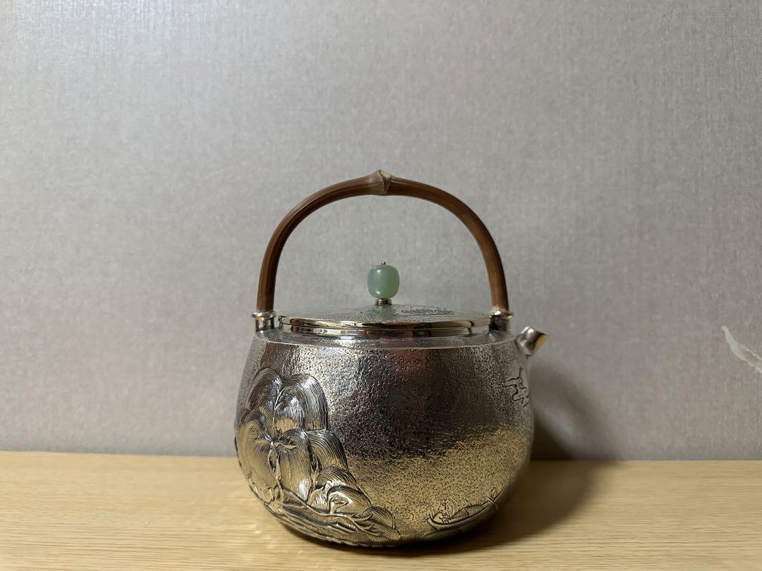 純銀製 心経文彫り 玉摘 湯沸 銀瓶 煎茶道具 純銀製 般若心経文彫 たのしく 玉摘 口打出湯沸 銀瓶 煎茶