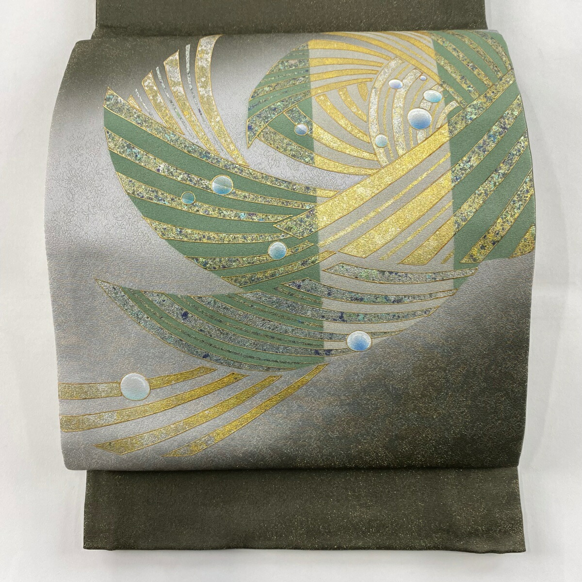 新品　袋帯 名品 木屋太 落款 幾何学 緑 六通 正絹 新品 袋帯 名品 木屋太 落款 幾何学 緑 六通 正絹