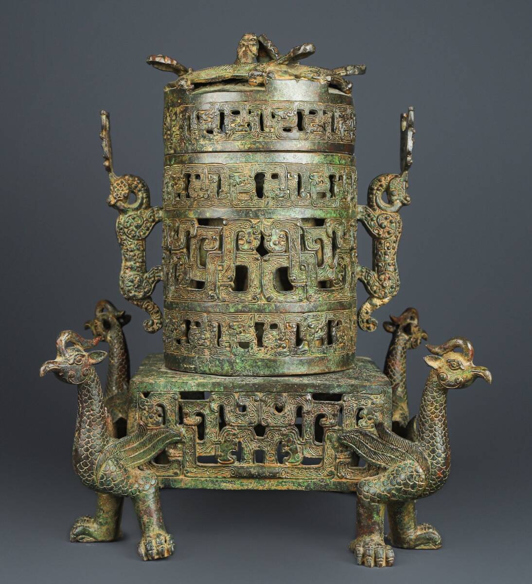 秘藏 漢代 青銅 鏤空 龍鳳熏 極細工 希少珍品 古美術 古美味