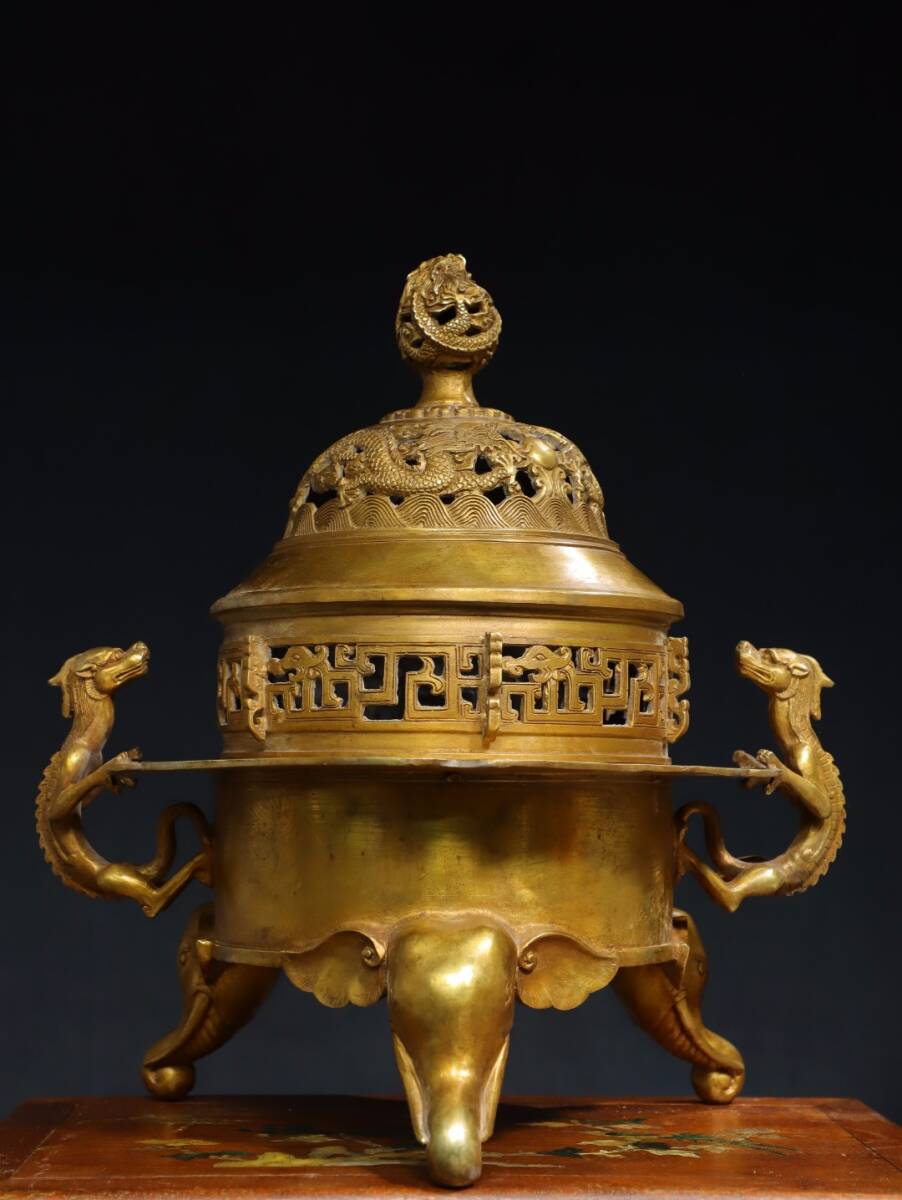 宣德年製 純銅 香炉 銅製品 銅器 稀少珍品 中国 旧蔵 清 銅製 銅塗金【龍蓋】薰香爐 香道具 古銅 銅製品 極細工