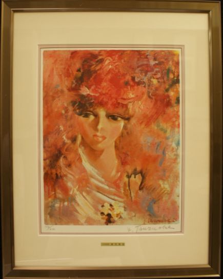 鶴岡義雄　マドモアゼル　リトグラフ　絵画 鶴岡義雄「マドモアゼル」卸価格販売