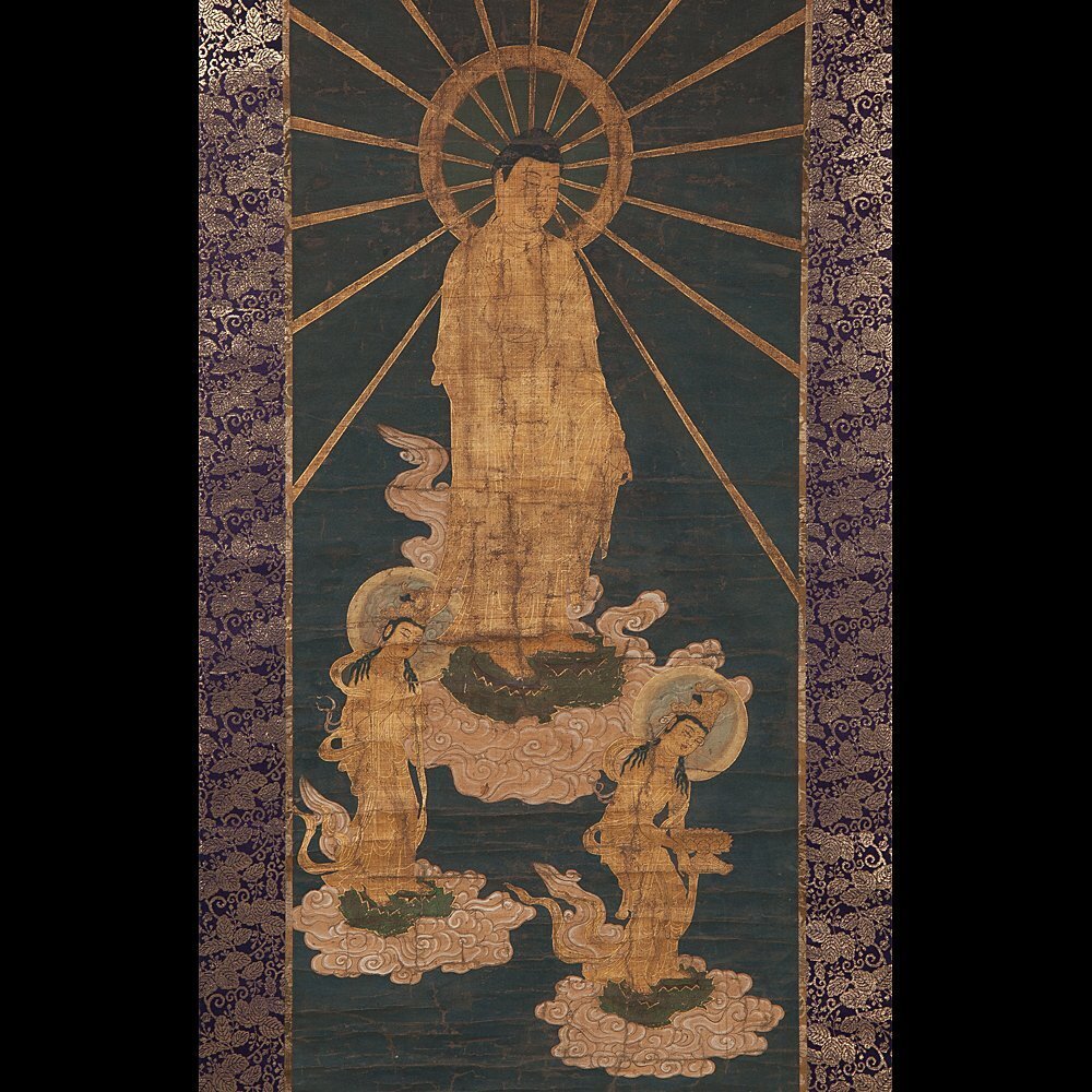 掛軸-536　印刷工芸作品　弥陀三尊来迎図　修誉和海箱書　仏画 掛軸-536 印刷工芸作品 弥陀三尊来迎図 修誉和海箱書 仏画