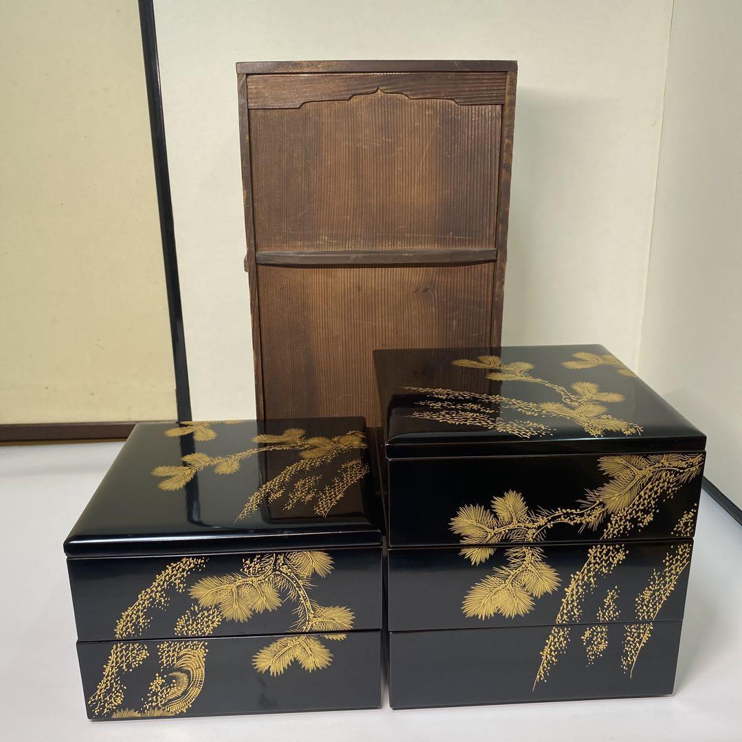 松蒔絵五段重　蓋二枚付（桐箱） 2177様感謝‼️「松」JAPAN 特産 輪島 蒔絵五段重二枚蓋 欅春慶塗