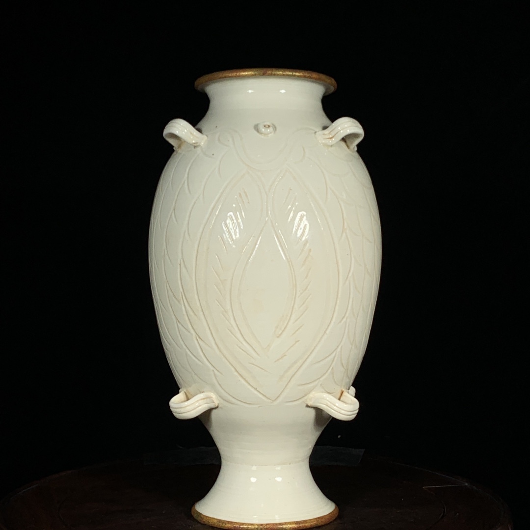 旧蔵 宋 定窯 包口穿帯魚瓶 陶芸 磁器 古陶磁器 極細工 古美術