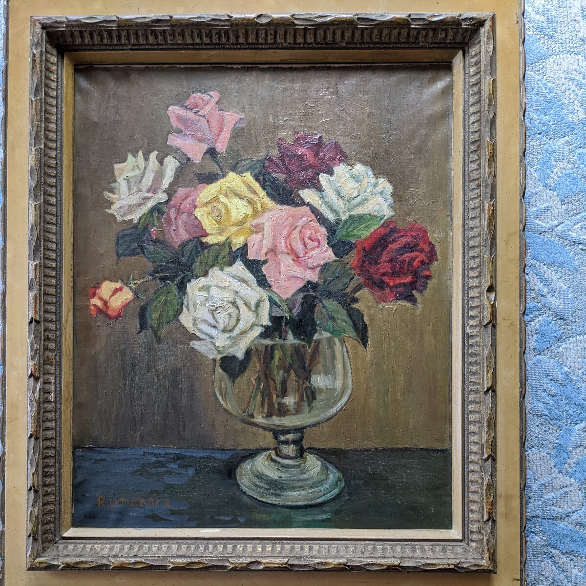 特価！　梅原龍三郎作　肉筆油彩画「薔薇」 Yahoo!オークション - 油彩画|薔薇|梅原龍三郎|正面サイン 裏