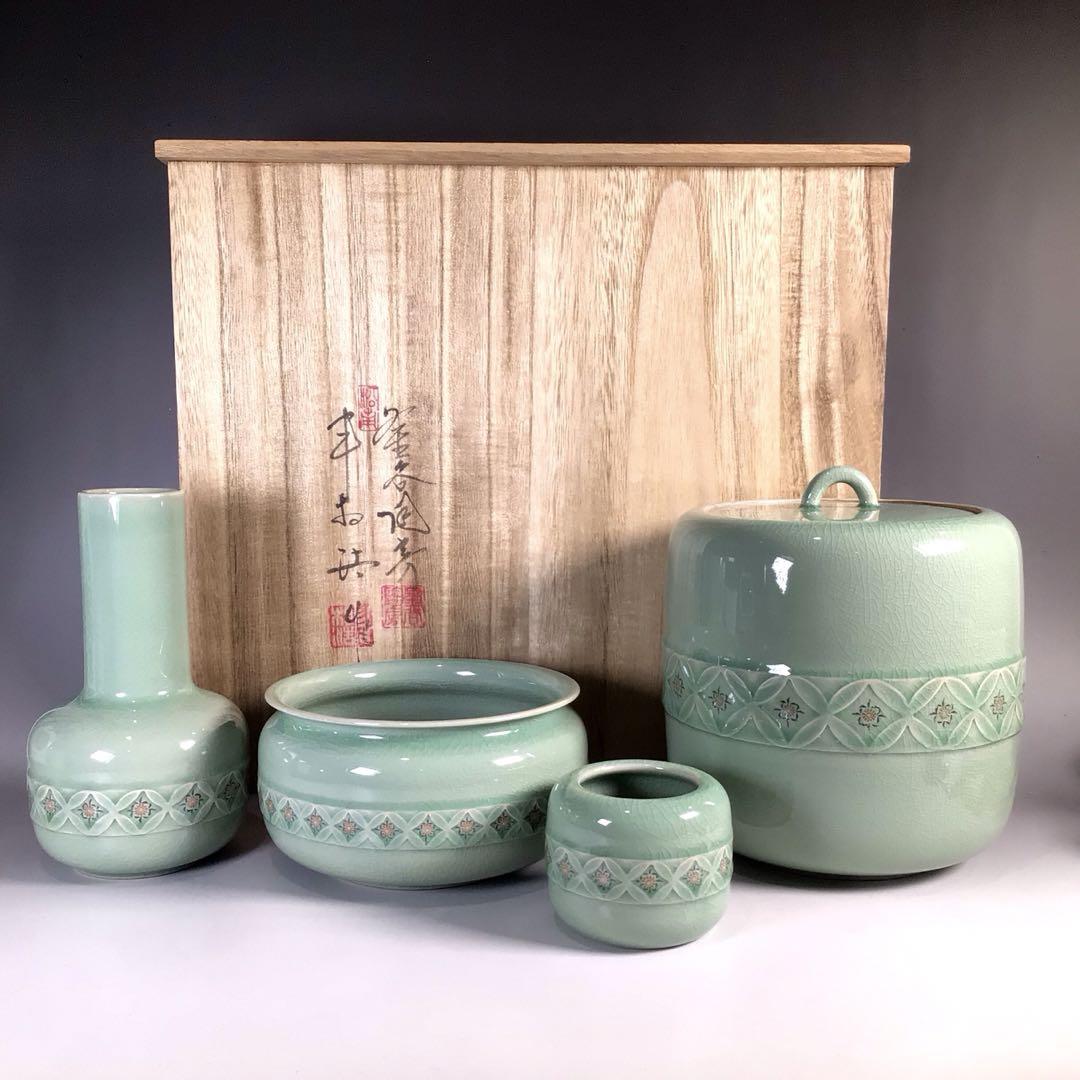 Ｎ１０１　皆具　『申相浩造』『高麗青磁帯七宝文』『水指　建水　蓋置　杓立』　共箱 N101 皆具 『申相浩造』『高麗青磁帯七宝文』『水指 建水 蓋