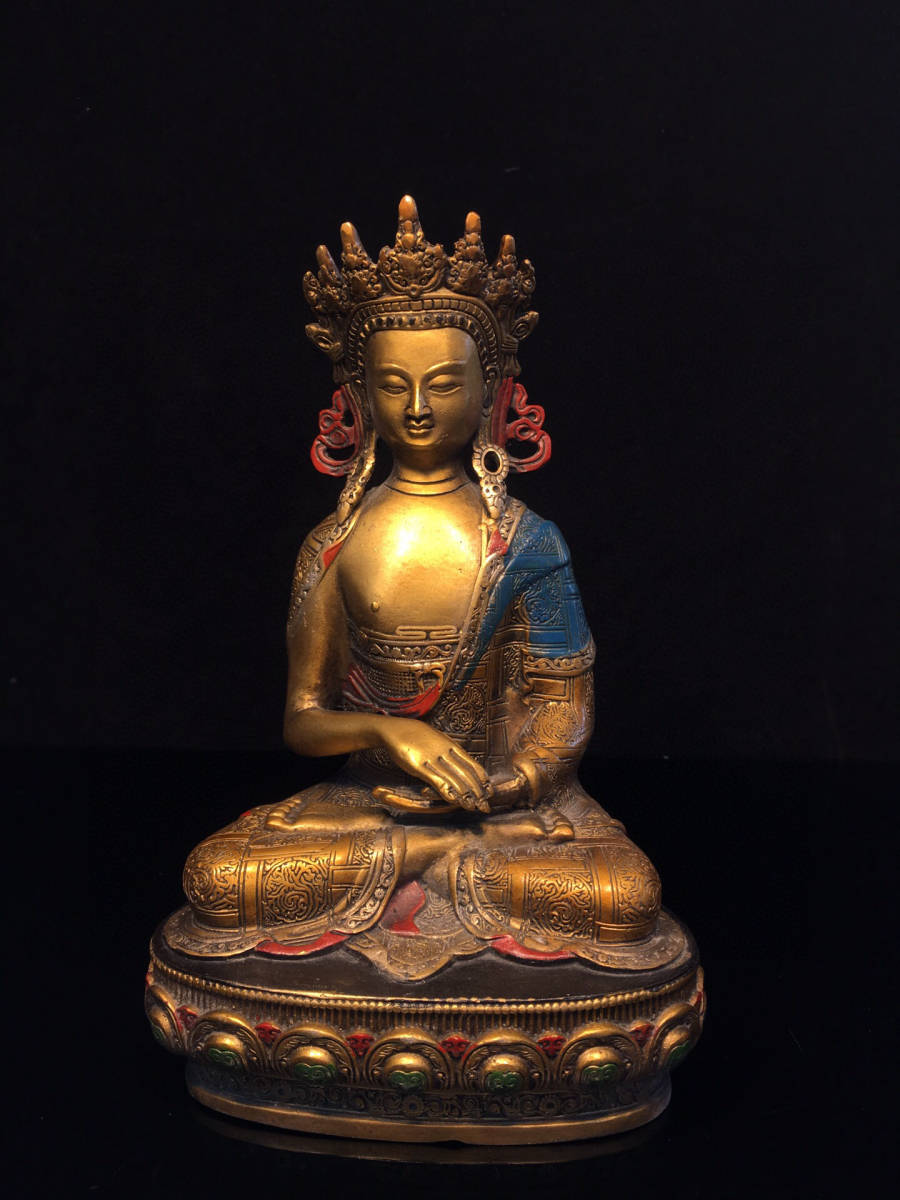 清・仏教古美術・古銅彫・金鍍・彩繪・釋迦牟尼像』極細工 置物