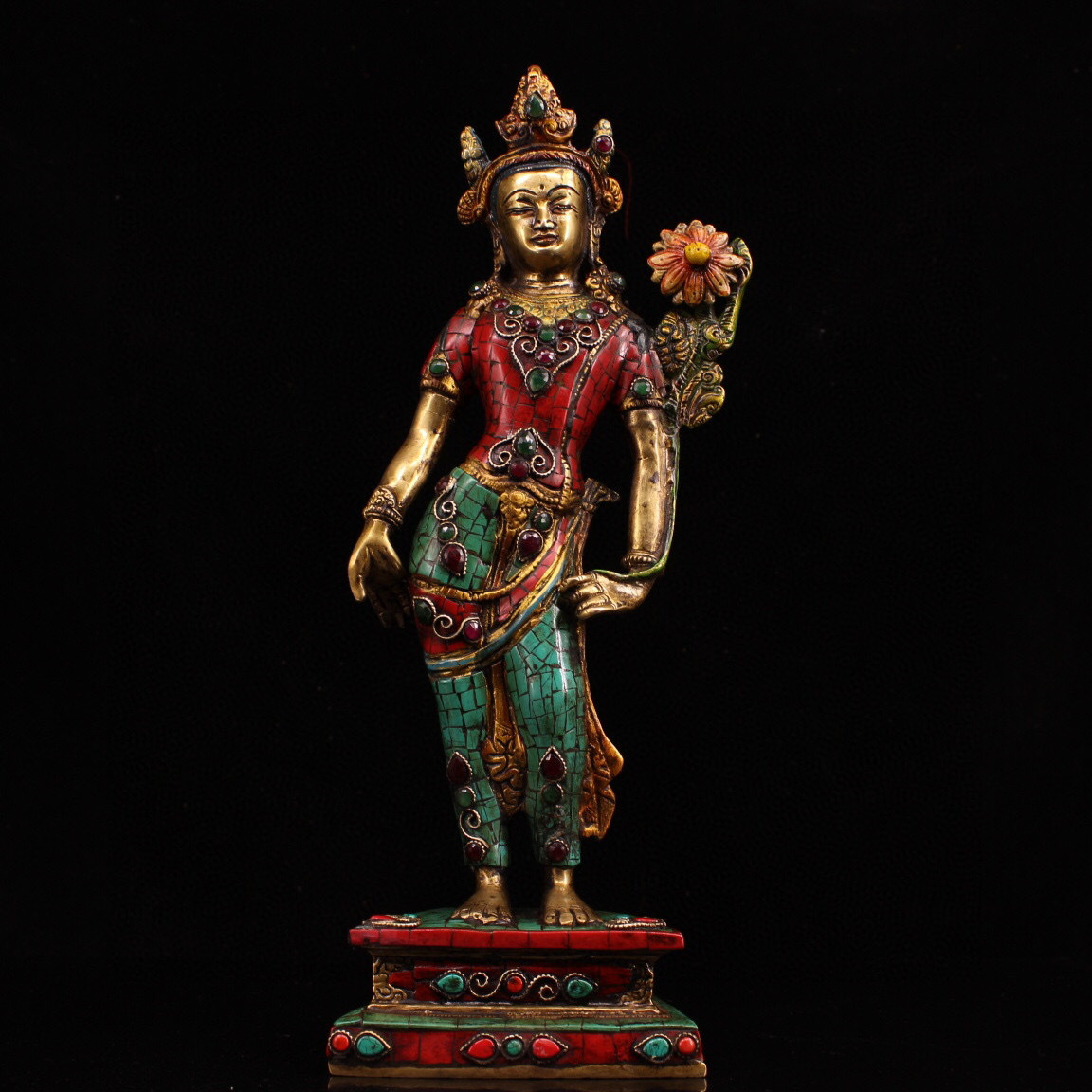 蔵友館蔵品・銅製・寶石嵌・描金・彩繪・站度母像】・希少珍品