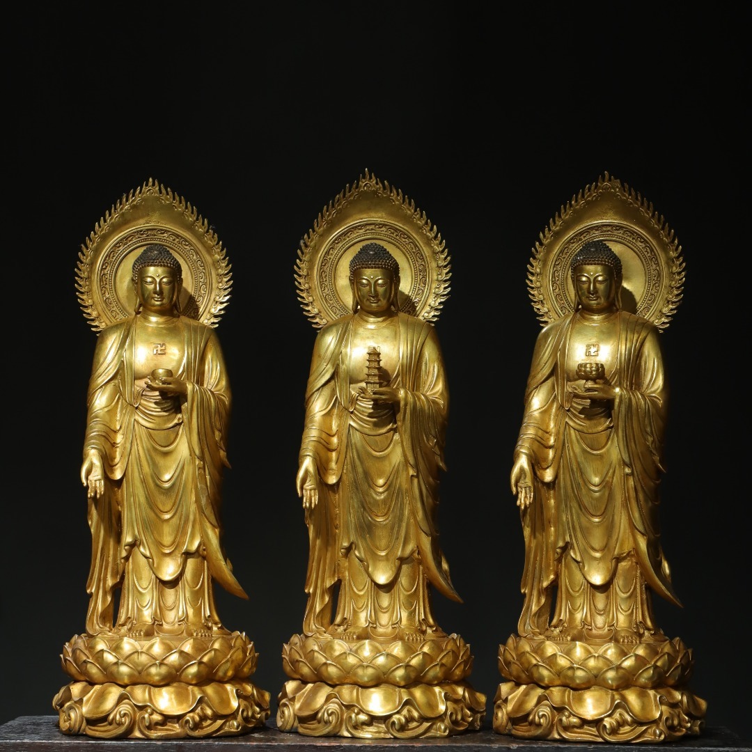 ◇蔵出◇古美術 中国古玩 大げさ 大明 古銅製 銅塗金 三寶仏 仏
