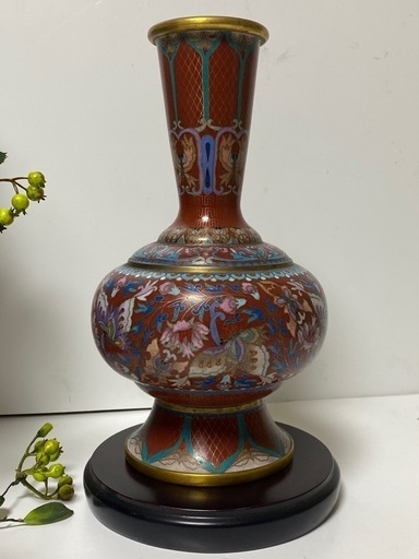 中国　古七宝琺瑯彩　花蝶文瓶　唐木台付　V　R3910 骨董品 中国 古七宝琺瑯彩 花蝶文瓶 唐木台付 コレクション