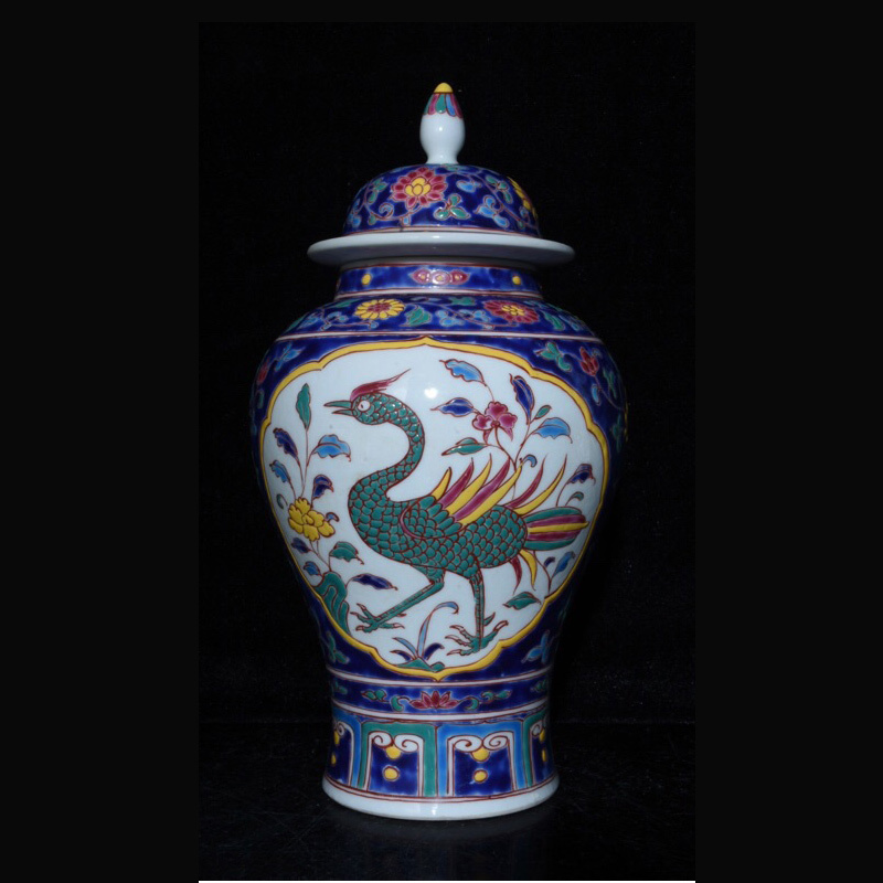 C~PP6841 中国磁器 陶芸 磁器『明宣徳五彩開窓孔雀紋将軍缶