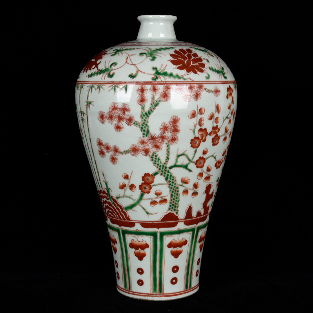 元・古陶瓷品・紅綠彩・松竹梅紋・梅瓶』極細工 置物古賞物 中国