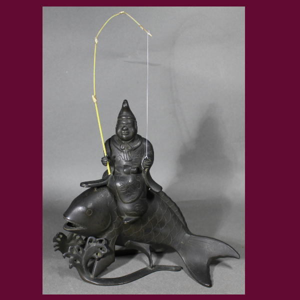 銅細工 無相仏 仏像 香炉 装飾品 工芸品 美術品 置物 時代〔 鯛に乗った 恵比寿天 〕銅製 仏像 香炉 置物 A1035