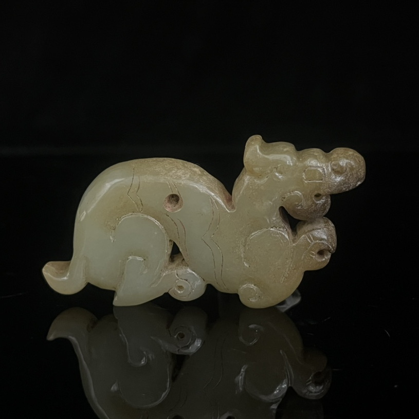 旧蔵 古玉彫 高古玉 和田玉 瑞獣 細密細工 時代物 中国古美術 古