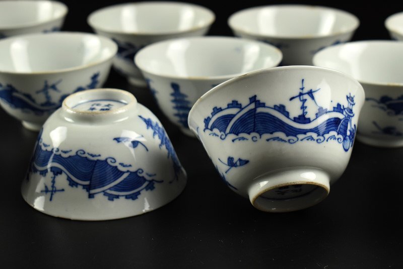 蔵A2416】中国古美術 染付 煎茶碗 大明成化年制 十一客 （大明成