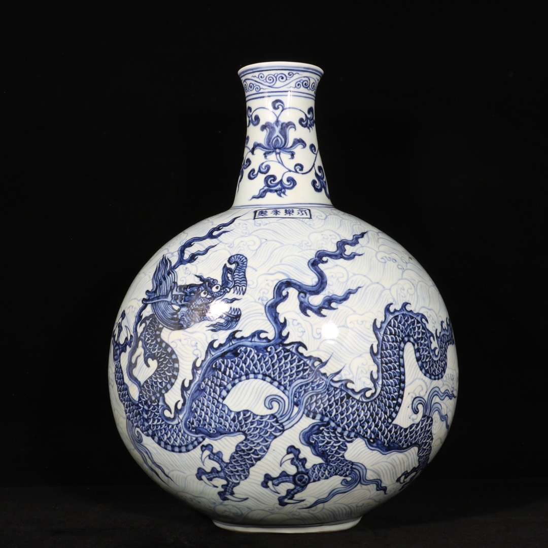 中国古美術 旧蔵 青花海水龍紋缶 置物 賞物観賞瓶 文房具