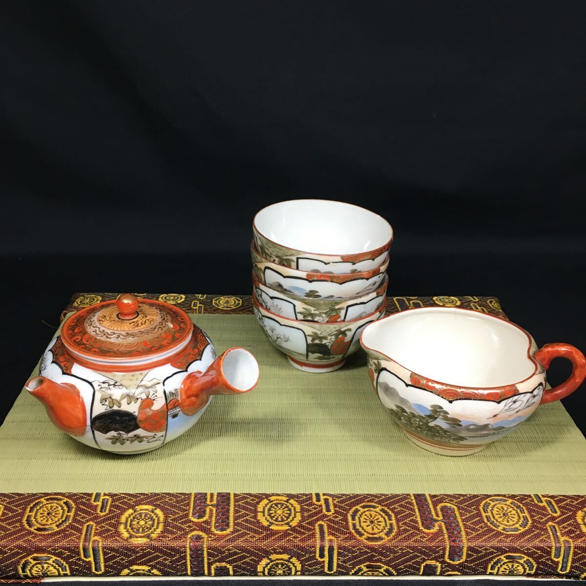 明治時代 九谷焼 茶器揃 急須 湯冷まし 煎茶碗4 赤絵 A7（九谷焼