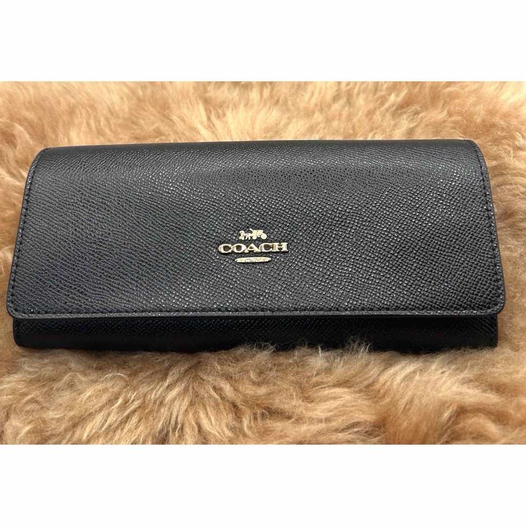 コーチ COACH 長財布 黒 レザー フラップ ウォレット クロス