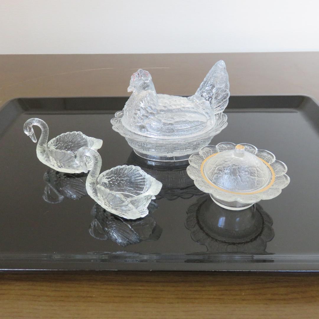 ガラス 鳥 小物入れ 明治 レトロ 白鳥 ニワトリ 箱入 オシャレ